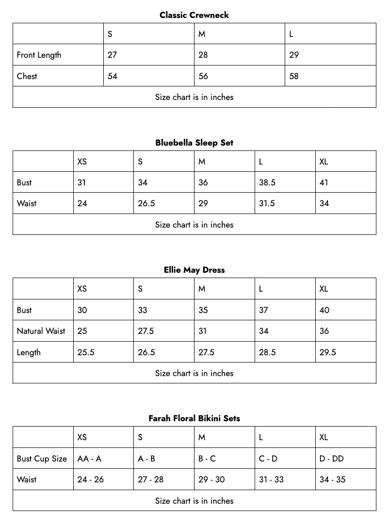 Size Chart – Oceanna The Label